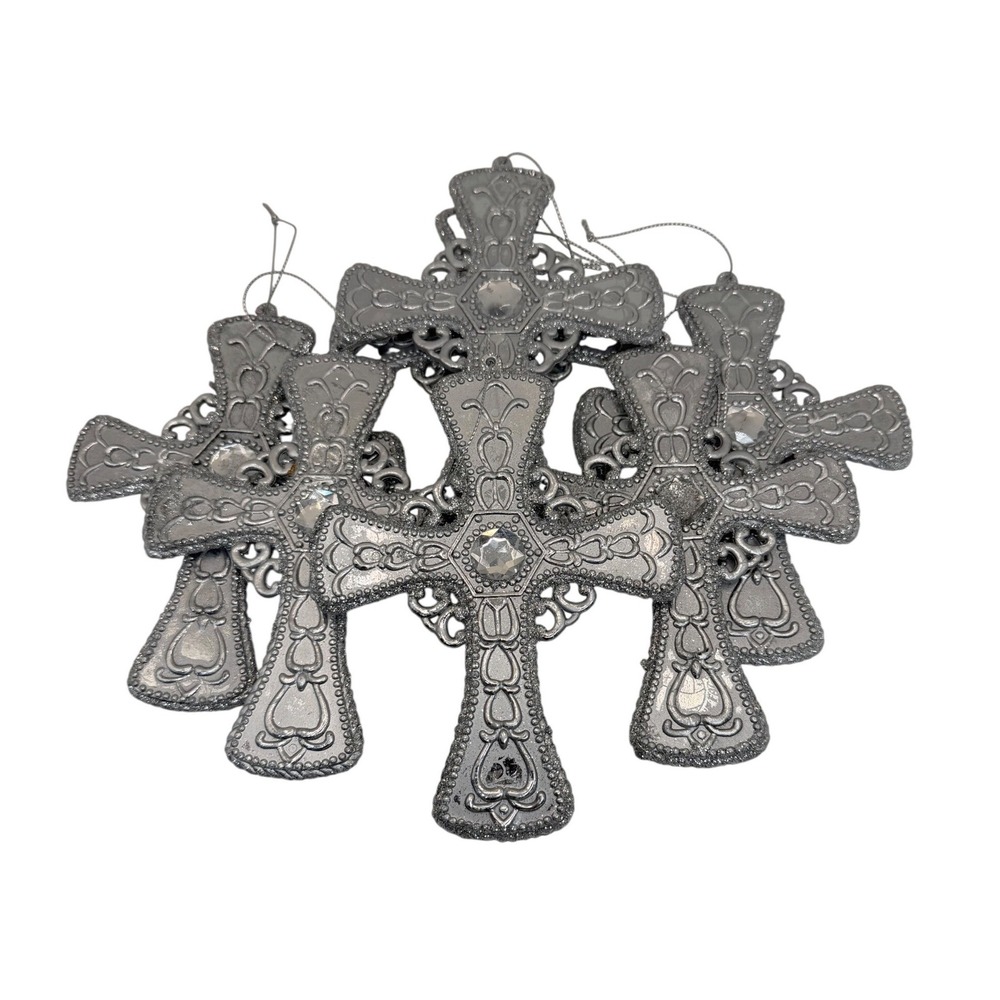 Lot of 7 Antiqued Pewter Silver Ornate Filigree Cross Ornaments Gothic Decor